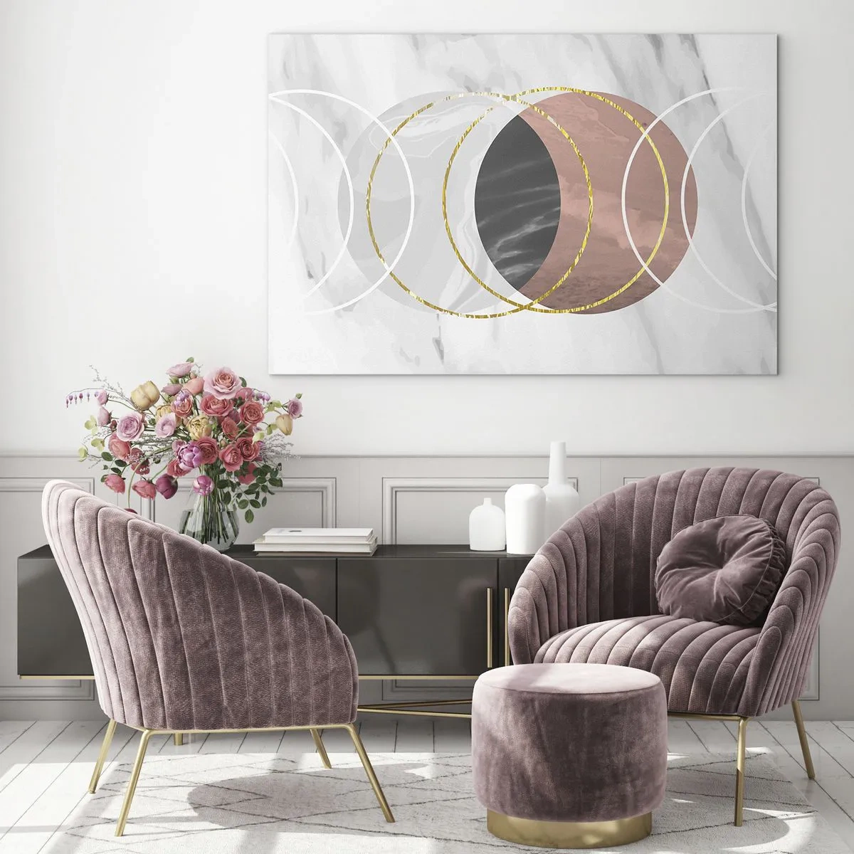 Obraz na szkle - Geometryczne koła w odcieniach miedzi, złota i marmuru - 70x50cm - Muzyka sfer - Nowoczesna dekoracja ścienna do salonu i sypialni ARTTOR