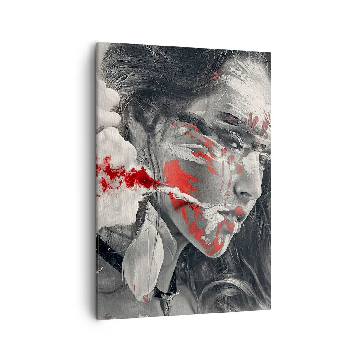 Obraz na płótnie - Portret kobiety z malarskimi czerwonymi akcentami na twarzy - 50x70cm - W oparach absurdu - Nowoczesna dekoracja ścienna do salonu, kuchni i sypialni ARTTOR