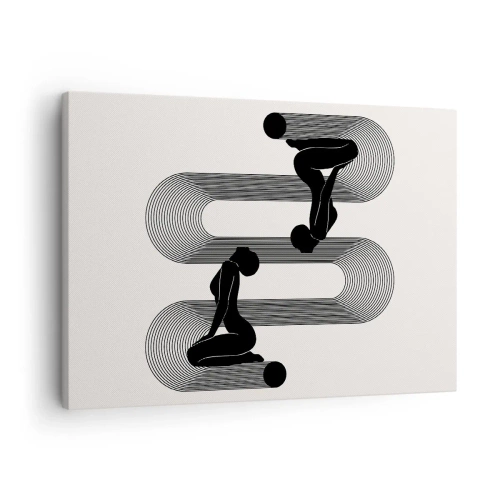 Obraz na płótnie - Czarne sylwetki z geometrycznymi liniami na jasnym tle - 70x50cm - Zmysłowa symetria - Nowoczesna dekoracja ścienna do salonu i sypialni ARTTOR