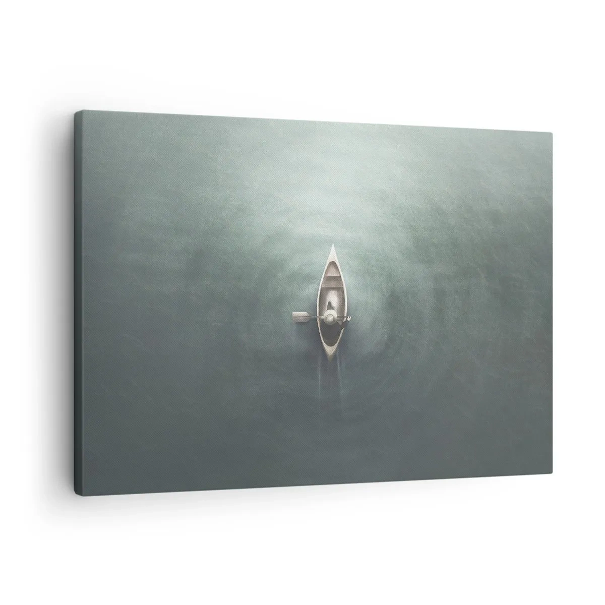 Obraz na płótnie - Samotna łódź na spokojnej wodzie w minimalistycznej scenerii - 70x50cm - Przez księżycowe jezioro - Nowoczesna dekoracja ścienna do salonu i sypialni ARTTOR