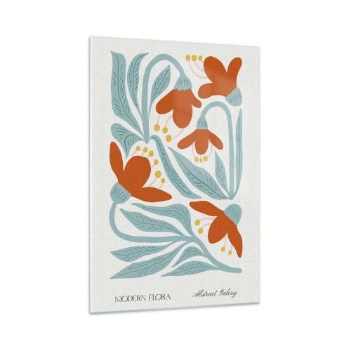 Obraz na szkle - Delikatne pomarańczowe kwiaty i liście w stylu skandynawskim na jasnym tle - 70x100cm - Ku ziemi, ku słońcu - Nowoczesna dekoracja ścienna do salonu i sypialni ARTTOR