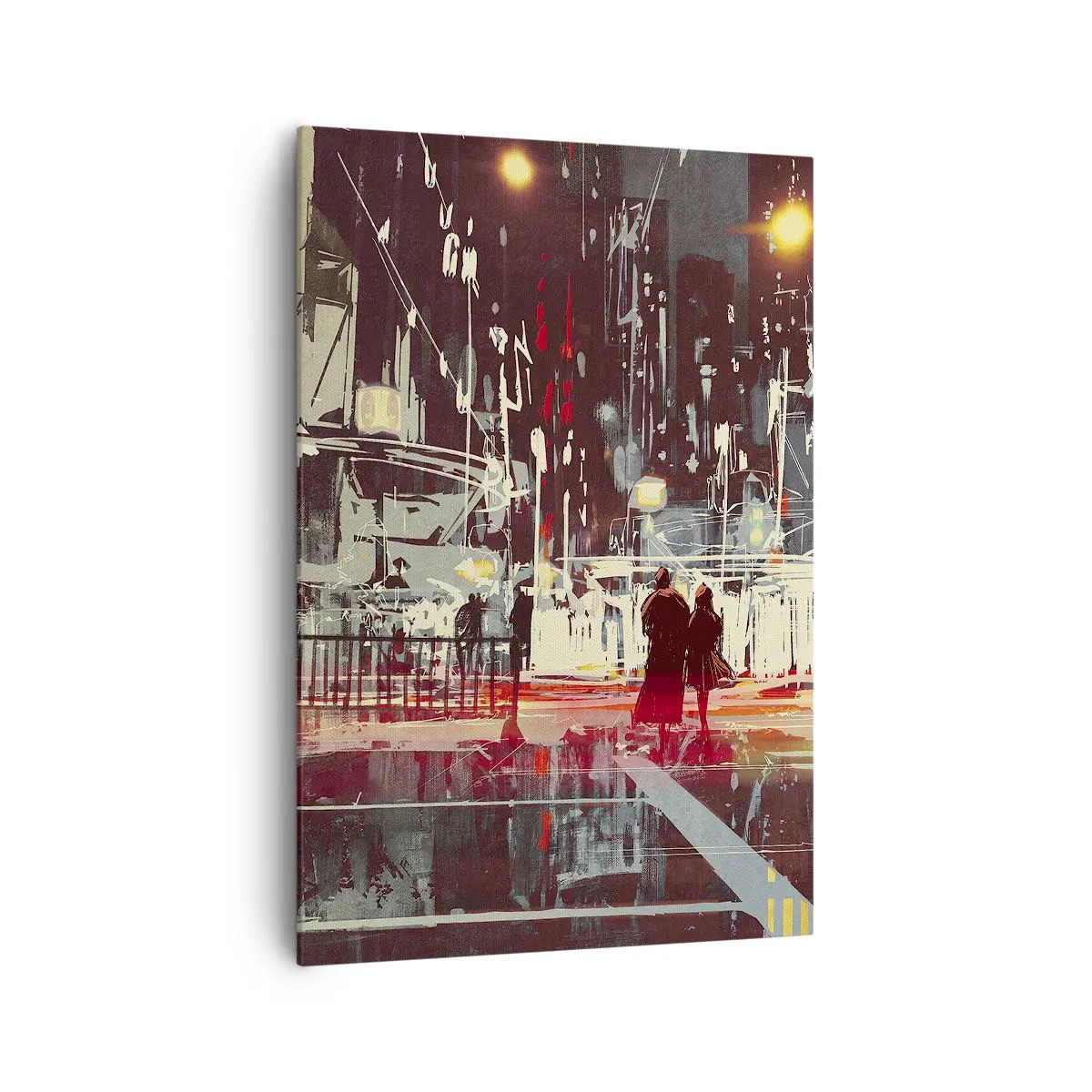 Obraz na płótnie - Miasto nocą z neonami i sylwetkami ludzi na ulicy - 70x100cm - Wielkomiejska przeprawa - Nowoczesna dekoracja ścienna do salonu i sypialni ARTTOR