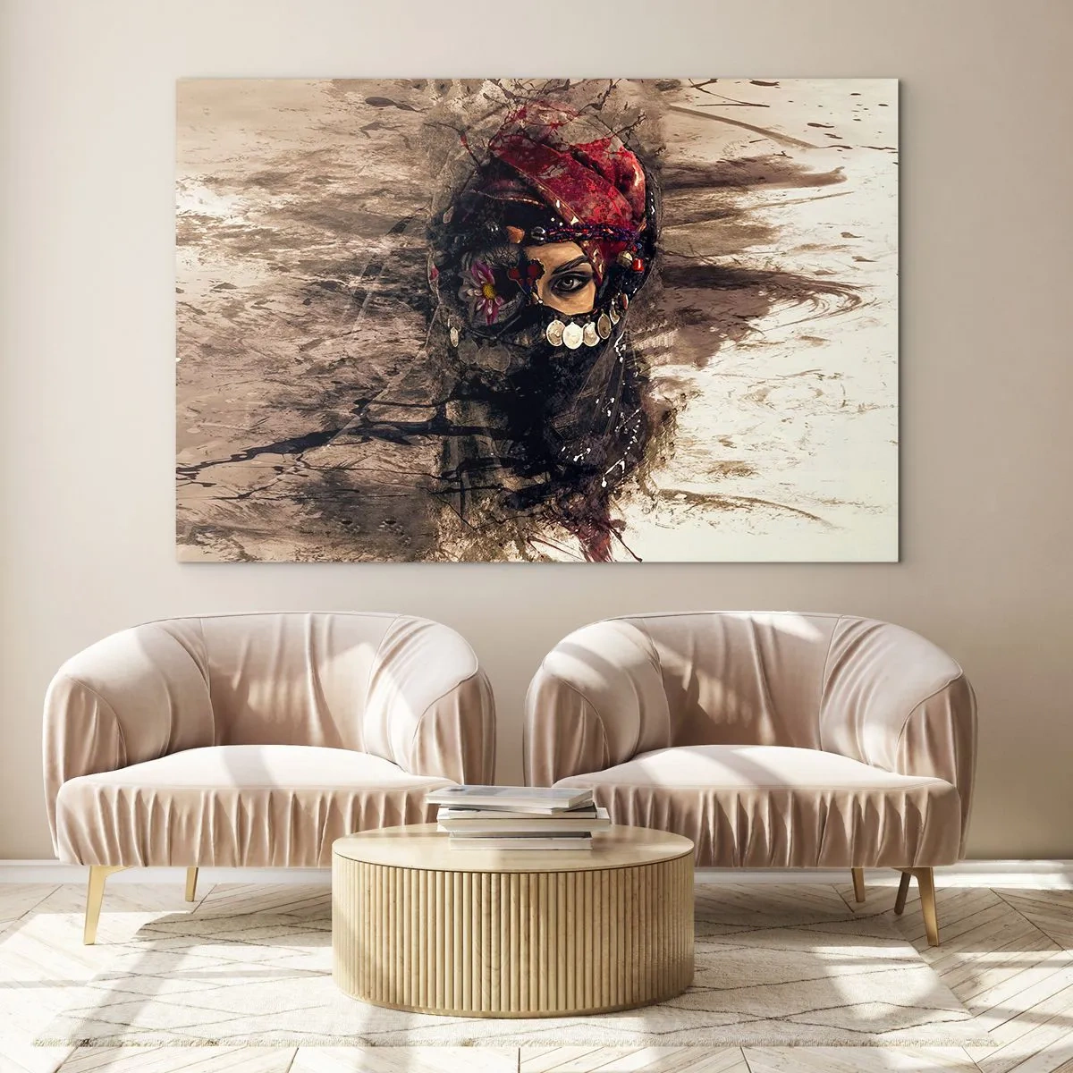 Obraz na szkle - Portret tajemniczej kobiety w czerwonym turbanie - 100x70cm - Co najmniej niepokojąca - Nowoczesna dekoracja ścienna do salonu, kuchni i sypialni ARTTOR