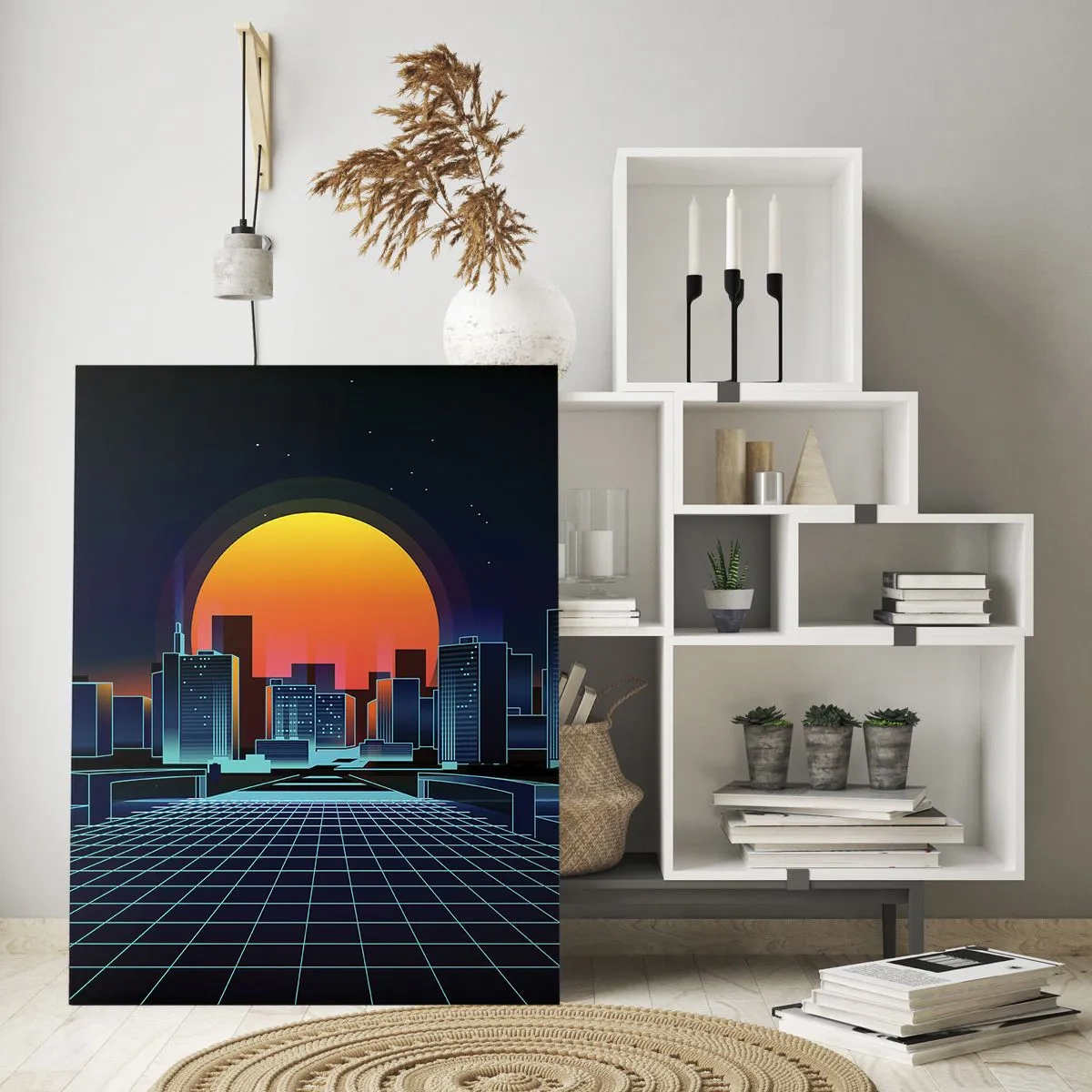 Obraz na szkle - Futurystyczna panorama miasta z zachodem słońca - 50x70cm - Wciąż chcesz do realu? - Nowoczesna dekoracja ścienna do salonu, kuchni i sypialni ARTTOR