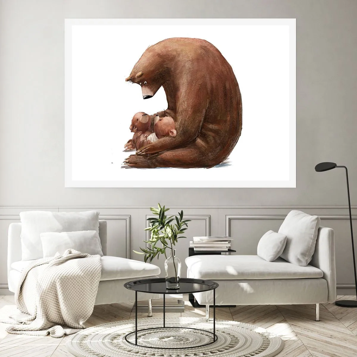 Plakat - Niedźwiedzica z dwoma małymi niedźwiadkami w ramionach - 100x70cm - Słodkich snów, dzieciaki - Nowoczesna dekoracja ścienna do salonu i sypialni ARTTOR