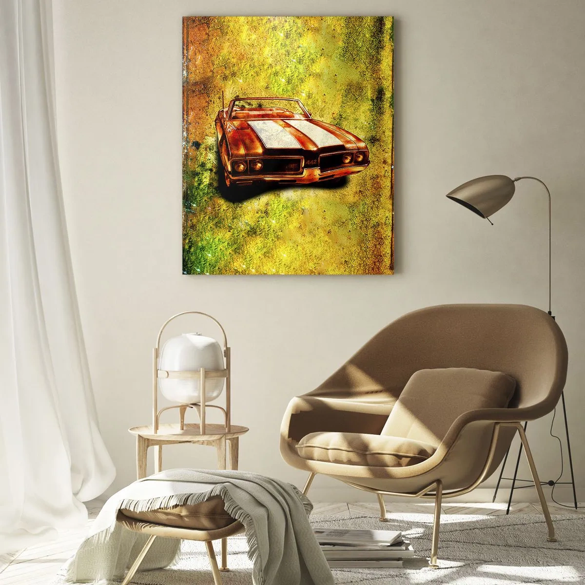 Obraz na szkle - Sportowy kabriolet retro w złotych odcieniach na tle vintage - 80x120cm - Moc zaklęta w kształtach - Nowoczesna dekoracja ścienna do salonu i sypialni ARTTOR