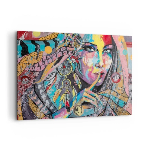 Obraz na płótnie - Kolorowa kobieca twarz w artystycznym stylu - 100x70cm - Milcz, aż zrozumiesz - Nowoczesna dekoracja ścienna do salonu, kuchni i sypialni ARTTOR