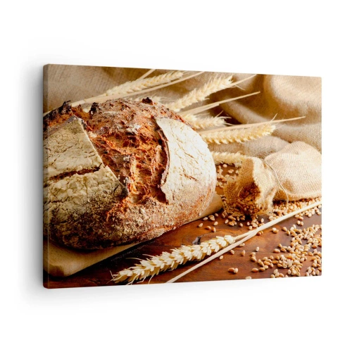 Obraz na płótnie - Chrupiący chleb z ziarnami i kłosami pszenicy na drewnianym tle - 70x50cm - Apetyczny, wonny, chrupiący - Nowoczesna dekoracja ścienna do salonu i sypialni ARTTOR