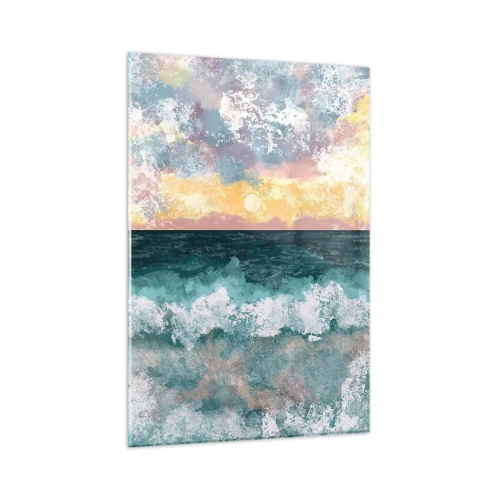 Obraz na szkle - Malowniczy zachód słońca nad wzburzonym oceanem w pastelowych barwach - 80x120cm - Woda, światło, powietrze - Nowoczesna dekoracja ścienna do salonu i sypialni ARTTOR