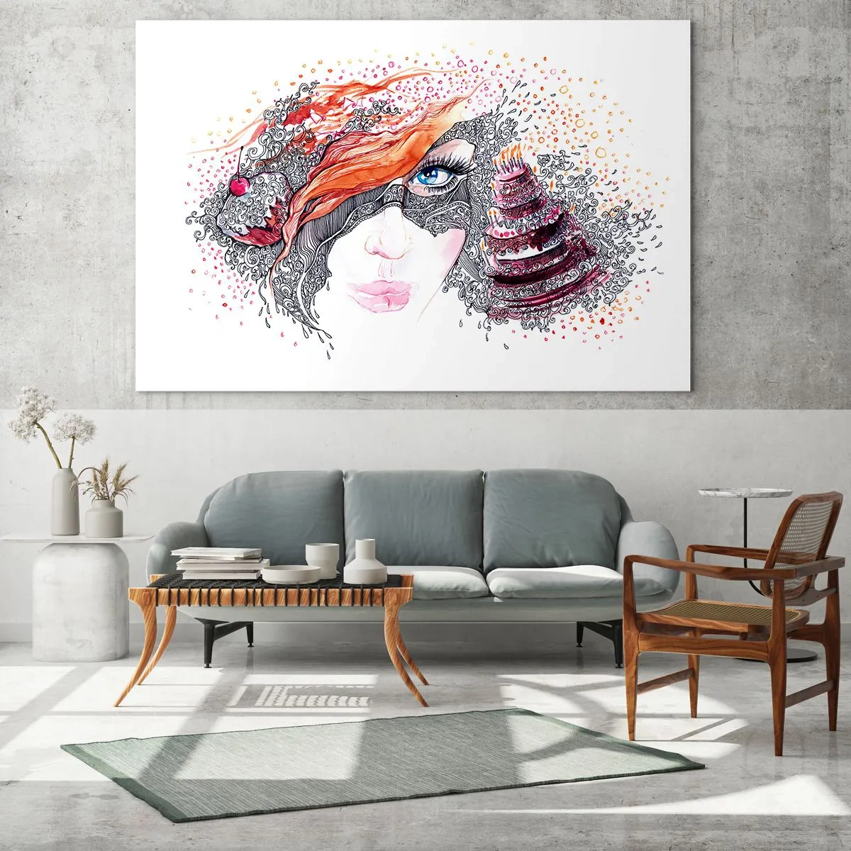 Obraz na szkle - Portret kobiety z dynamicznymi wzorami i czerwonymi akcentami - 120x80cm - Z nią codziennie jest święto - Nowoczesna dekoracja ścienna do salonu, kuchni i sypialni ARTTOR