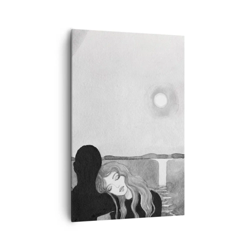 Obraz na płótnie - Sylwetka kobiety opierającej głowę na ramieniu postaci w cieniu na tle księżyca i wodospadu - 80x120cm - Zawsze tajemnica - Nowoczesna dekoracja ścienna do salonu i sypialni ARTTOR