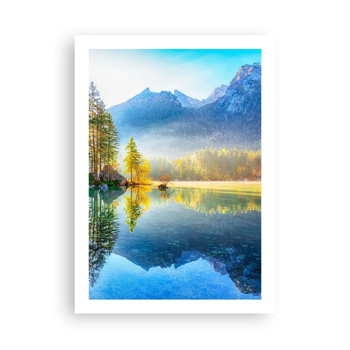 Plakat - Górskie jezioro otoczone lasem i szczytami odbijającymi się w wodzie - 50x70cm - Majestat i słodycz - Nowoczesna dekoracja ścienna do salonu, kuchni i sypialni ARTTOR