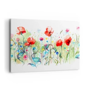 Obraz na płótnie - Łąka z czerwonymi makami i kolorowymi kwiatami w akwareli - 120x80cm - Kwitnąca majem łąka - Nowoczesna dekoracja ścienna do salonu, kuchni i sypialni ARTTOR