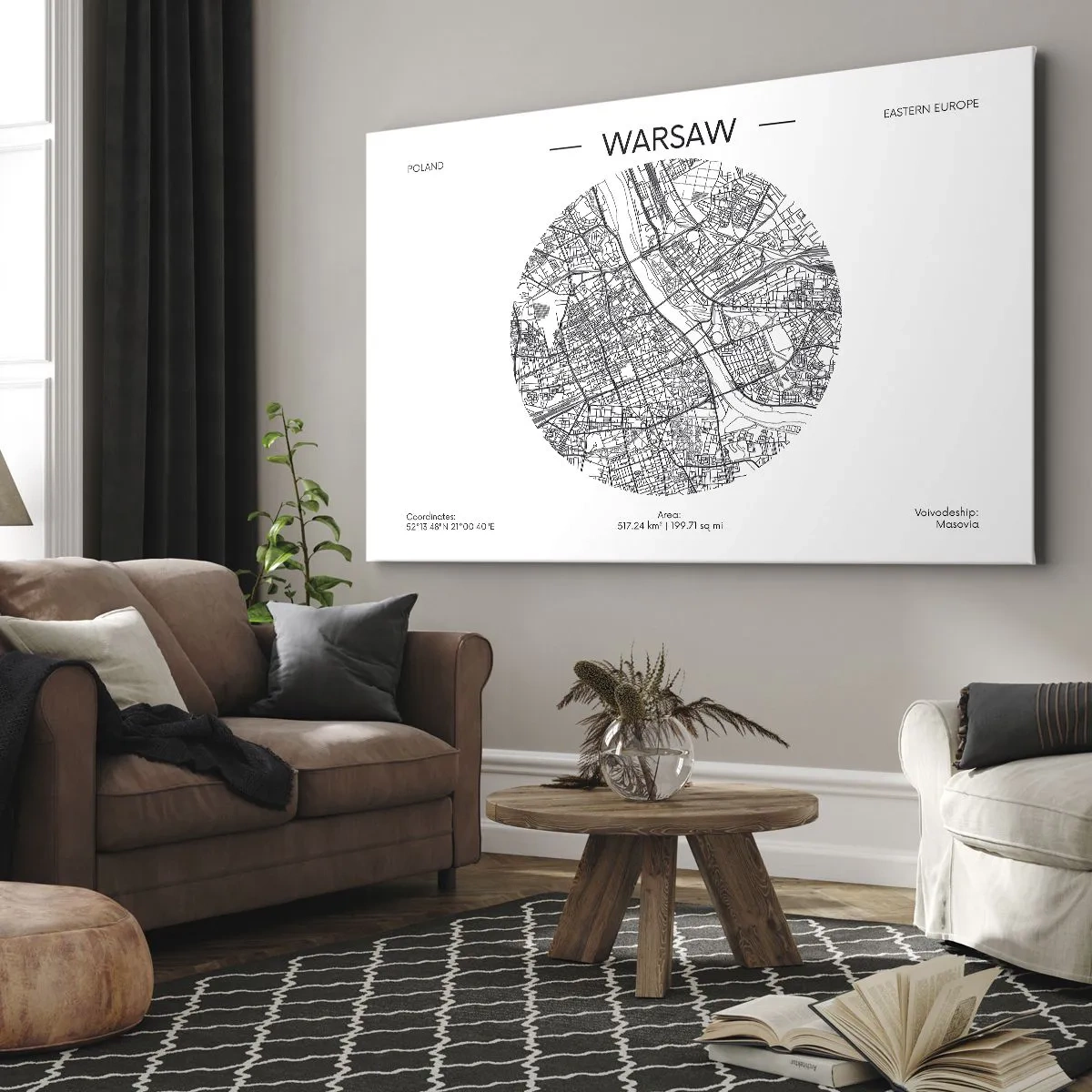 Obraz na płótnie - Mapa Warszawy w minimalistycznym stylu - 70x50cm - Anatomia Warszawy - Nowoczesna dekoracja ścienna do salonu i sypialni ARTTOR