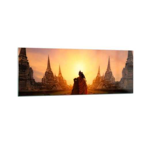 Obraz na szkle - Mnich wśród świątyń o zachodzie słońca - 140x50cm - W spokoju przez wieczność - Nowoczesna dekoracja ścienna do salonu i sypialni ARTTOR