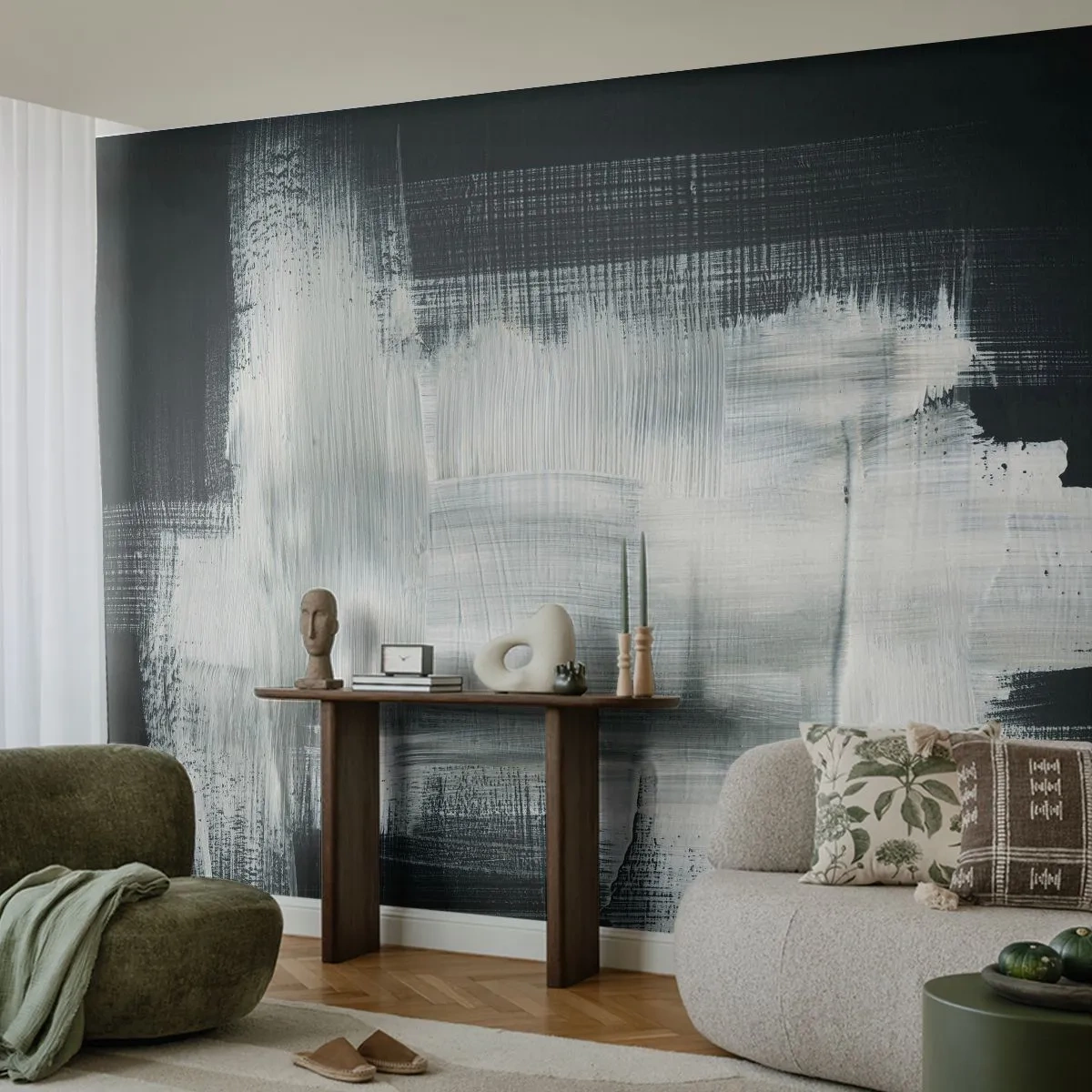 Fototapeta Standard Eco - Abstrakcyjna kompozycja pociągnięć pędzla w czerni i bieli - 100x70cm - Utkane z pionu i poziomu - Nowoczesna dekoracja ścienna do salonu i sypialni ARTTOR