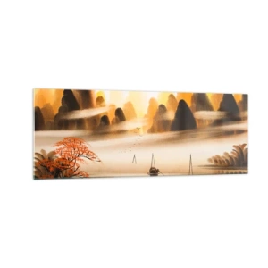 Obraz na szkle - Orientalny krajobraz z rzeką, górami i delikatną mgłą - 140x50cm - Dalej niż na Dalekim Wschodzie - Nowoczesna dekoracja ścienna do salonu i sypialni ARTTOR