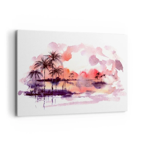 Obraz na płótnie - Tropikalny pejzaż z palmami o zachodzie słońca w akwareli - 100x70cm - Spokój tropików w czerwieni - Nowoczesna dekoracja ścienna do salonu, kuchni i sypialni ARTTOR
