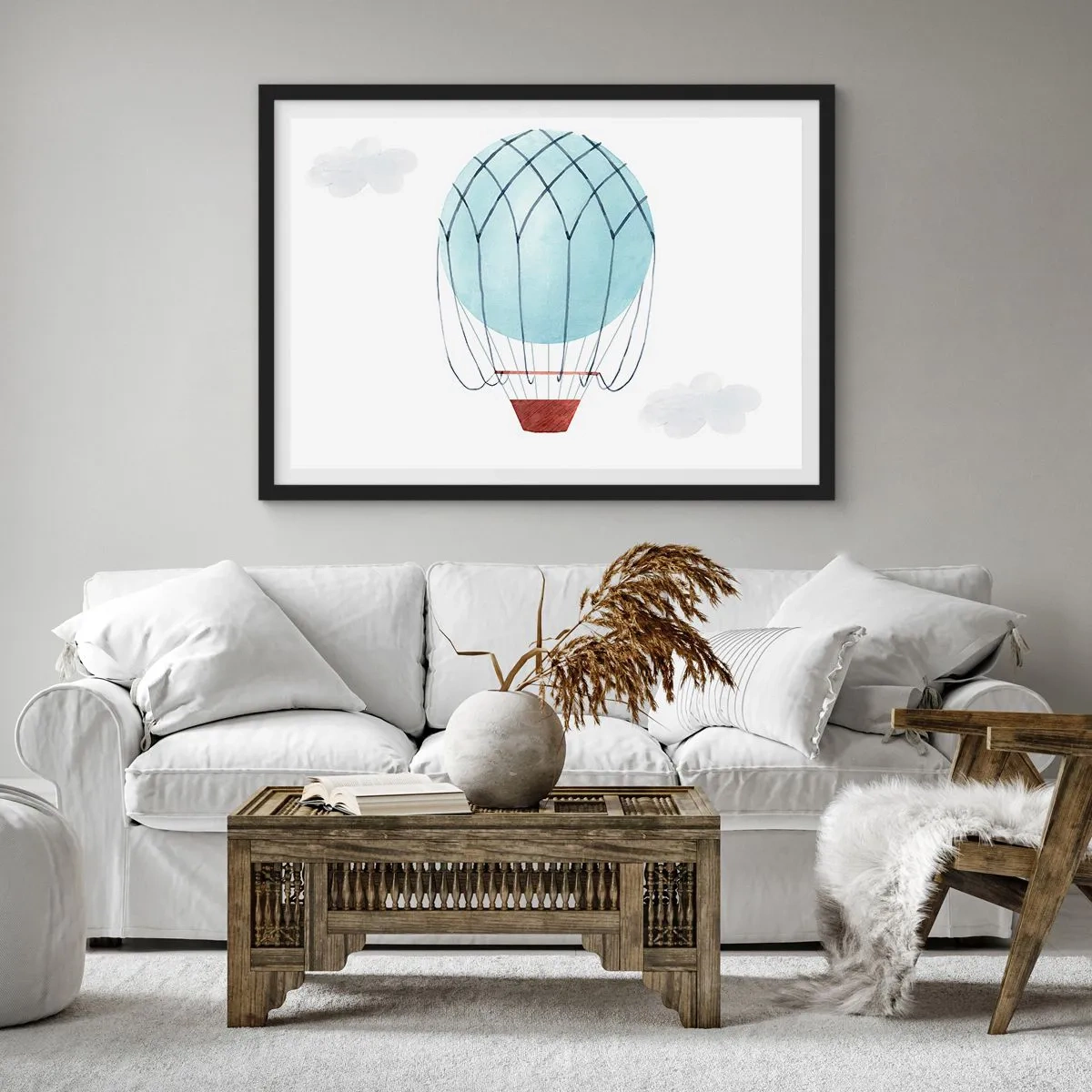 Plakat w czarnej ramie - Ręcznie malowany balon na tle delikatnych chmur - 100x70cm - Cały w chmurach - Nowoczesna dekoracja ścienna do salonu i sypialni ARTTOR