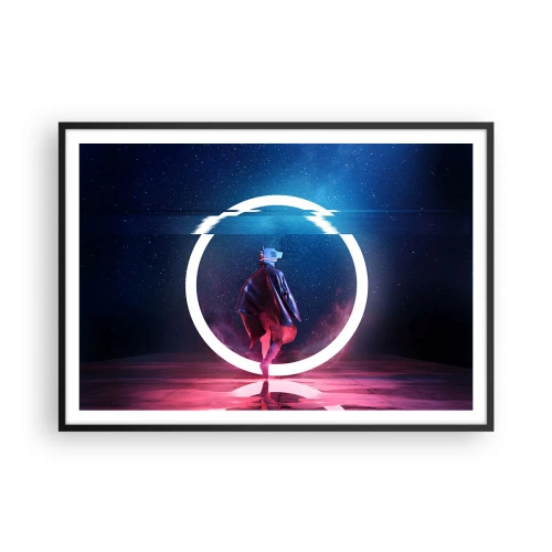 Plakat w czarnej ramie - Postać w futurystycznym otoczeniu z neonowym okręgiem - 100x70cm - Między światami - Nowoczesna dekoracja ścienna do salonu i sypialni ARTTOR