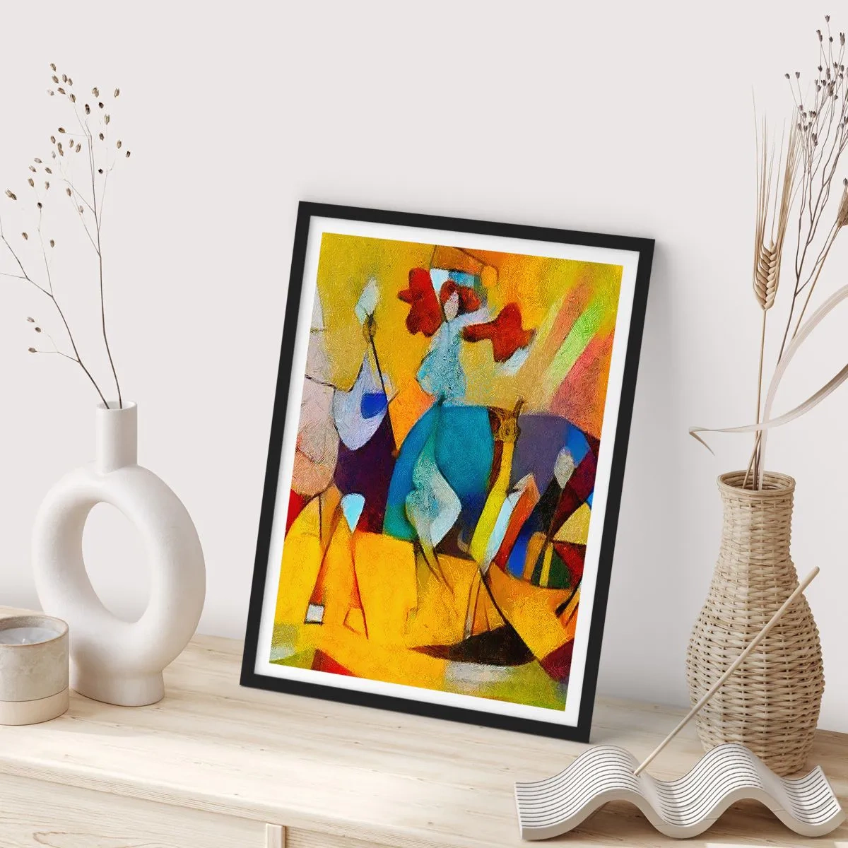 Plakat w czarnej ramie - Kolorowe postacie w abstrakcyjnym stylu - 50x70cm - Słońce - życie - radość - Nowoczesna dekoracja ścienna do salonu i sypialni ARTTOR