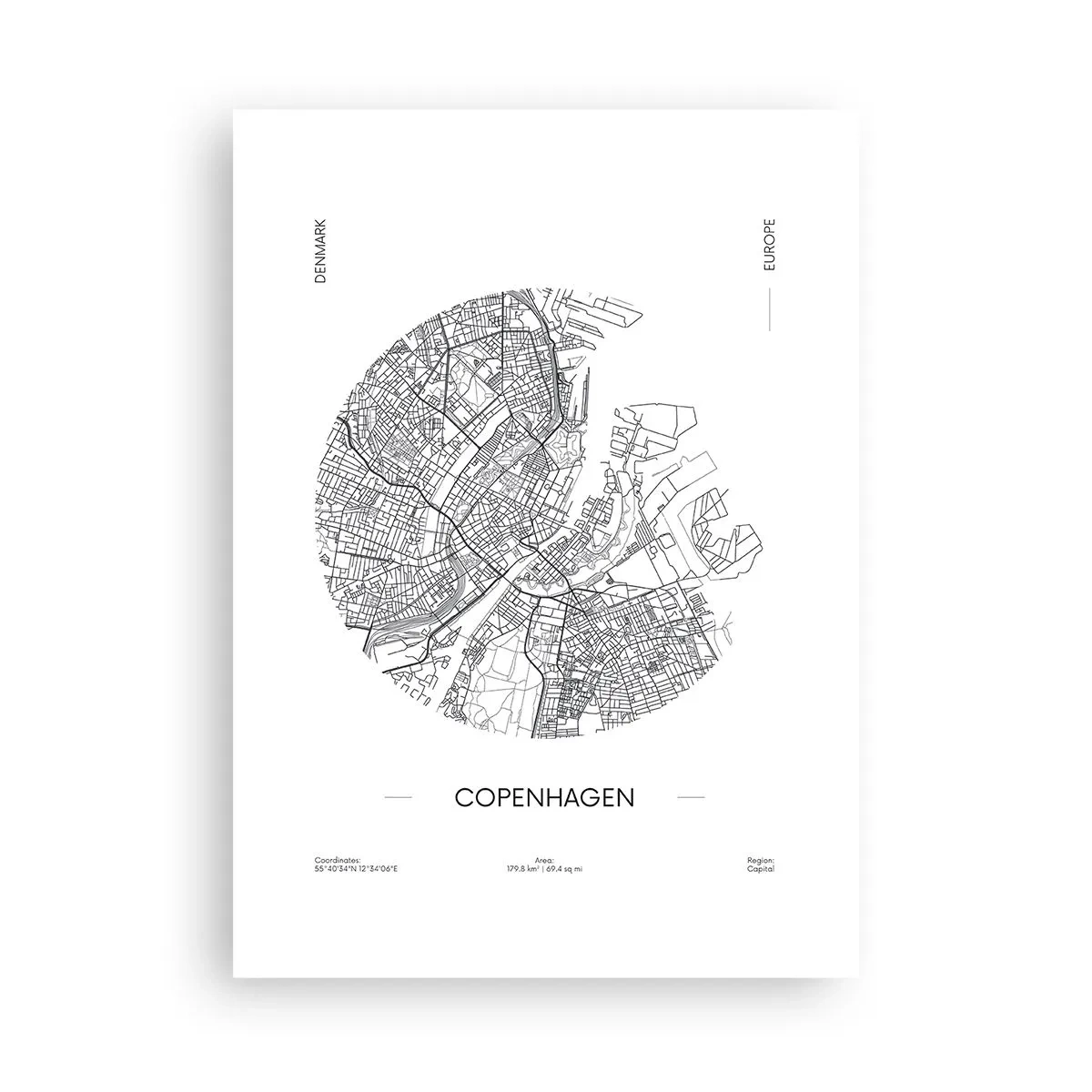 Plakat - Minimalistyczna mapa Kopenhagi w czarno-białej tonacji - 50x70cm - Anatomia Kopenhagi - Nowoczesna dekoracja ścienna do salonu, kuchni i sypialni ARTTOR