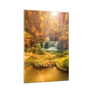 Obraz na szkle - Złocisty wodospad w jesiennym lesie otoczony zielenią - 80x120cm - Leśna kaskada w złocie - Nowoczesna dekoracja ścienna do salonu i sypialni ARTTOR