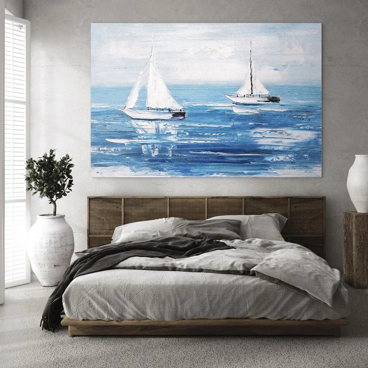 Obraz na szkle - Dwie białe żaglówki na spokojnym, błękitnym morzu - 70x50cm - Z przyjacielem u boku - Nowoczesna dekoracja ścienna do salonu i sypialni ARTTOR