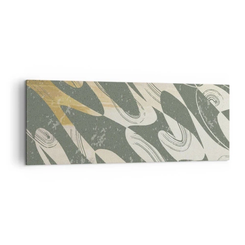 Obraz na płótnie - Dynamiczne kształty w zielonych i złotych odcieniach - 140x50cm - Abstrakcja zrytmizowana - Nowoczesna dekoracja ścienna do salonu i sypialni ARTTOR