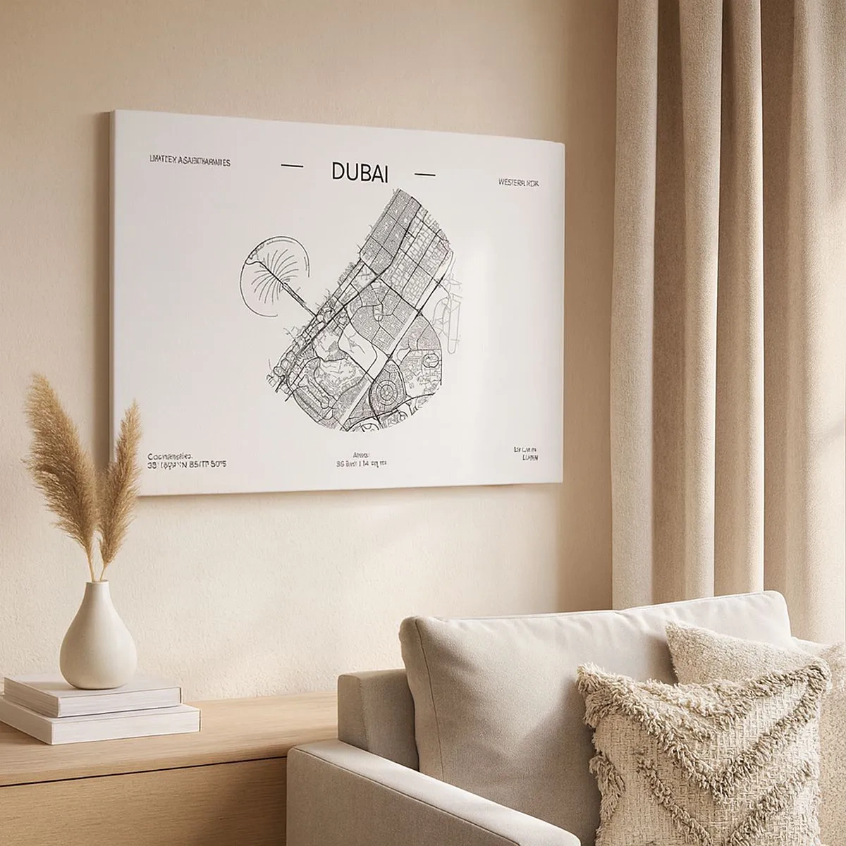 Obraz na płótnie - Minimalistyczna mapa Dubaju w czarno-białej kolorystyce z oznaczeniami lokalizacji - 70x50cm - Anatomia Dubaju - Nowoczesna dekoracja ścienna do salonu i sypialni ARTTOR