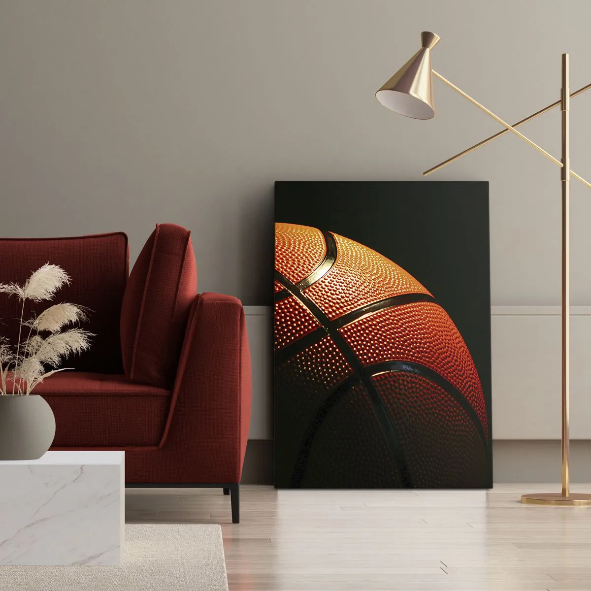 Obraz na płótnie - Zbliżenie na piłkę do koszykówki na czarnym tle - 50x70cm - Piękna jak planeta - Nowoczesna dekoracja ścienna do salonu, kuchni i sypialni ARTTOR