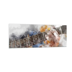 Obraz na szkle - Abstrakcyjny obraz ręki grającej na gitarze - 140x50cm - Poezja między strunami - Nowoczesna dekoracja ścienna do salonu i sypialni ARTTOR