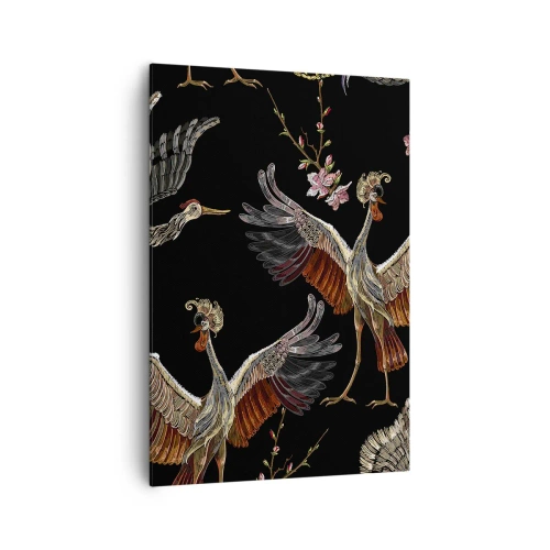 Obraz na płótnie - Stylowe żurawie i kwiaty na czarnym tle - 70x100cm - Baśniowy ptak - Nowoczesna dekoracja ścienna do salonu i sypialni ARTTOR