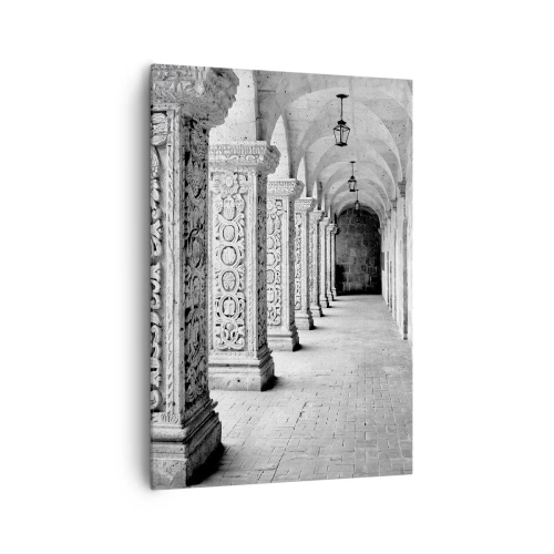 Obraz na płótnie - Zabytkowe kolumny w monochromatycznym ujęciu - 70x100cm - A dokąd to…? - Nowoczesna dekoracja ścienna do salonu i sypialni ARTTOR