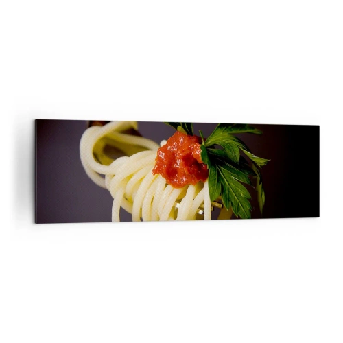 Obraz na płótnie - Makaron spaghetti na widelcu z sosem pomidorowym i natką pietruszki - 160x50cm - Smakowity kęs - Nowoczesna dekoracja ścienna do salonu i sypialni ARTTOR