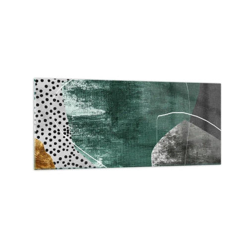 Obraz na szkle - Abstrakcyjna kompozycja z zielonymi kształtami i wzorami kropek - 120x50cm - Barwna abstrakcja z płatkiem złota - Nowoczesna dekoracja ścienna do salonu i sypialni ARTTOR