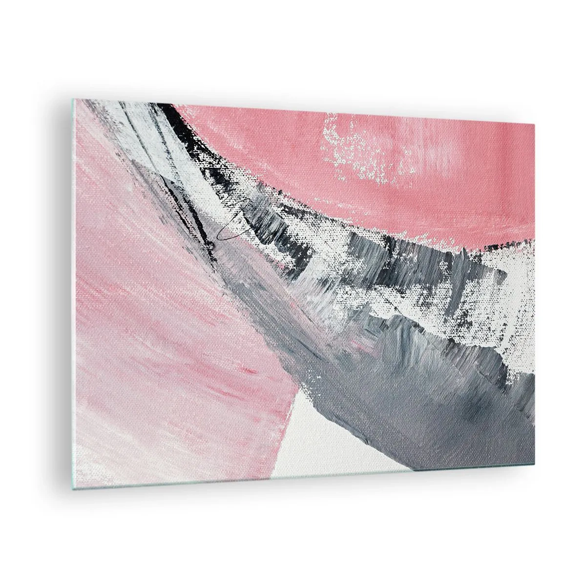 Obraz na szkle - Nowoczesna abstrakcja w różu, bieli i szarości z fakturą pędzla - 70x50cm - Kompozycja dopasowana - Nowoczesna dekoracja ścienna do salonu i sypialni ARTTOR