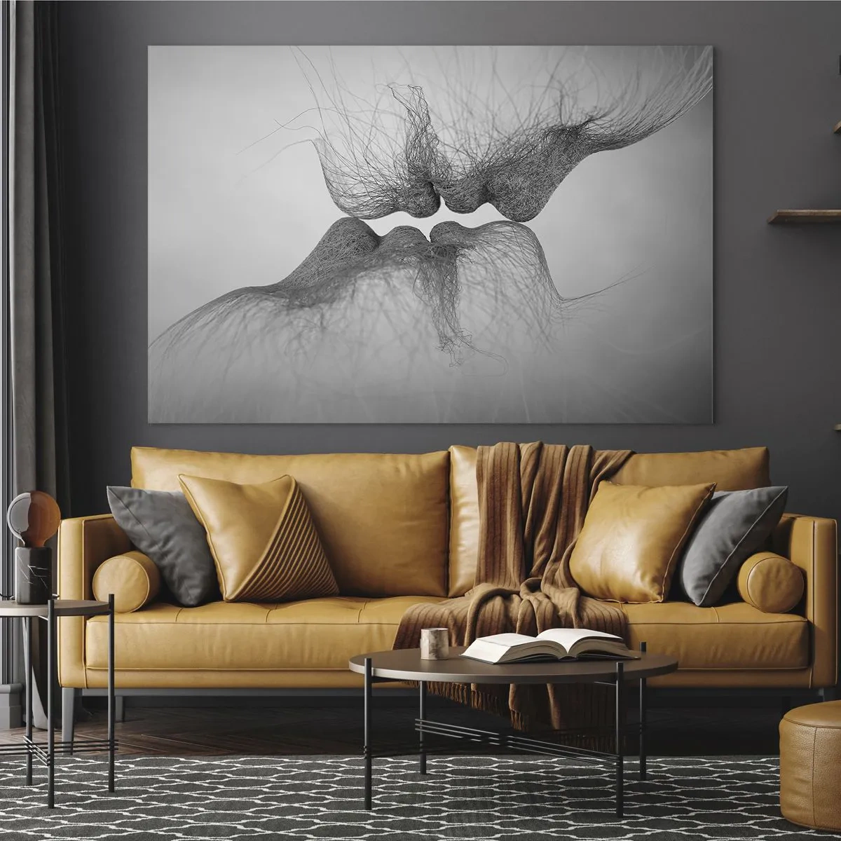 Obraz na szkle - Abstrakcyjny pocałunek w czerni i bieli - 70x50cm - Pocałunek wiatru - Nowoczesna dekoracja ścienna do salonu i sypialni ARTTOR