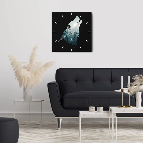 Zegar ścienny - Silhouette wilka z lasem i księżycem w tle - 30x30cm - Głos leśnej nocy - Nowoczesna dekoracja ścienna do salonu i sypialni ARTTOR