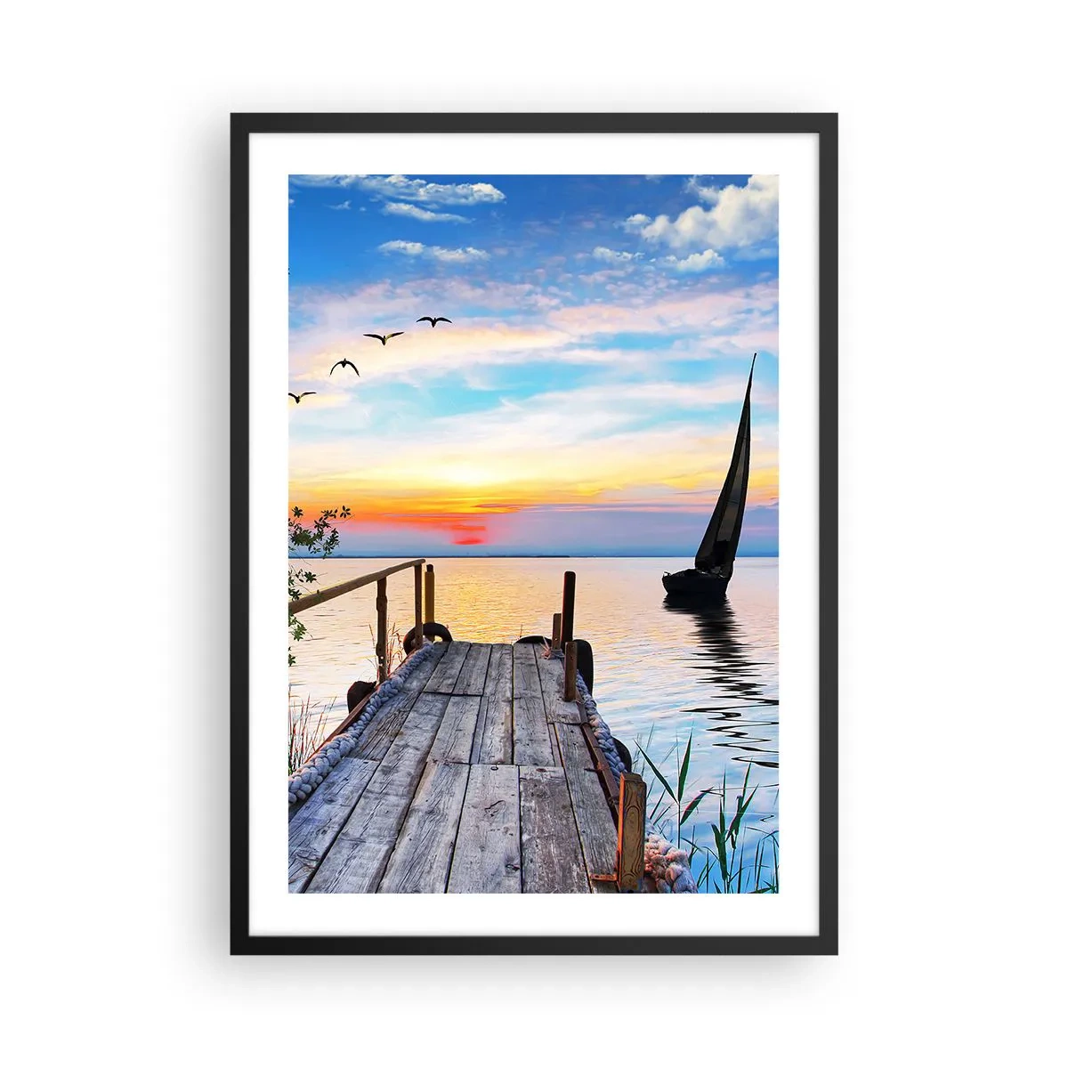 Plakat w czarnej ramie - Pomost nad jeziorem o zachodzie słońca - 50x70cm - Dobry wieczór - Nowoczesna dekoracja ścienna do salonu i sypialni ARTTOR