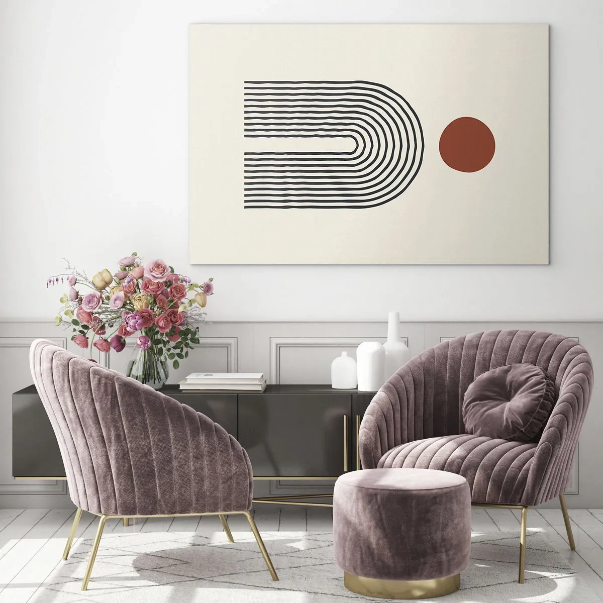 Obraz na szkle - Graficzna abstrakcja z liniami i okręgiem w stylu retro - 70x50cm - Magnetyzm kształtów i barw - Nowoczesna dekoracja ścienna do salonu i sypialni ARTTOR