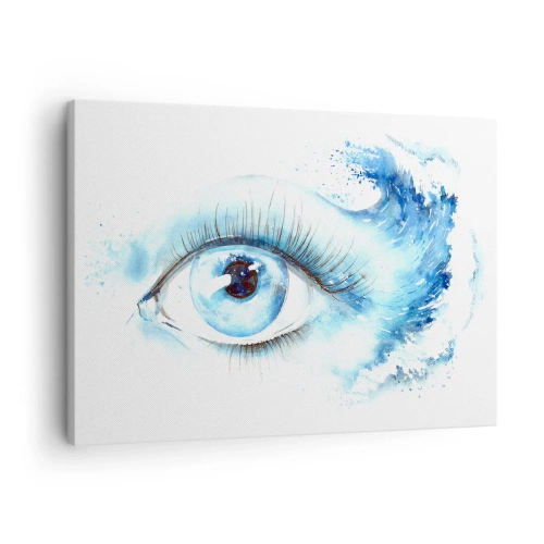 Obraz na płótnie - Artystyczna akwarela oka z dynamiczną falą - 70x50cm - Zanurzyć się w błękicie spojrzenia - Nowoczesna dekoracja ścienna do salonu i sypialni ARTTOR