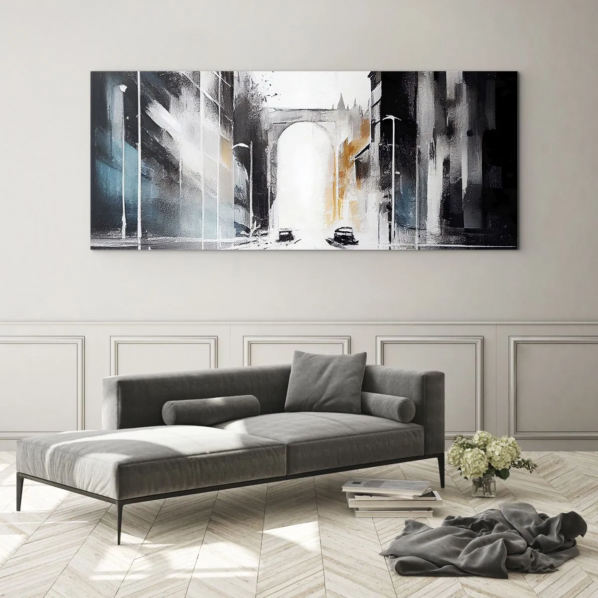 Obraz na szkle - Studium miasta: architektura i ruch - 100x40 cm