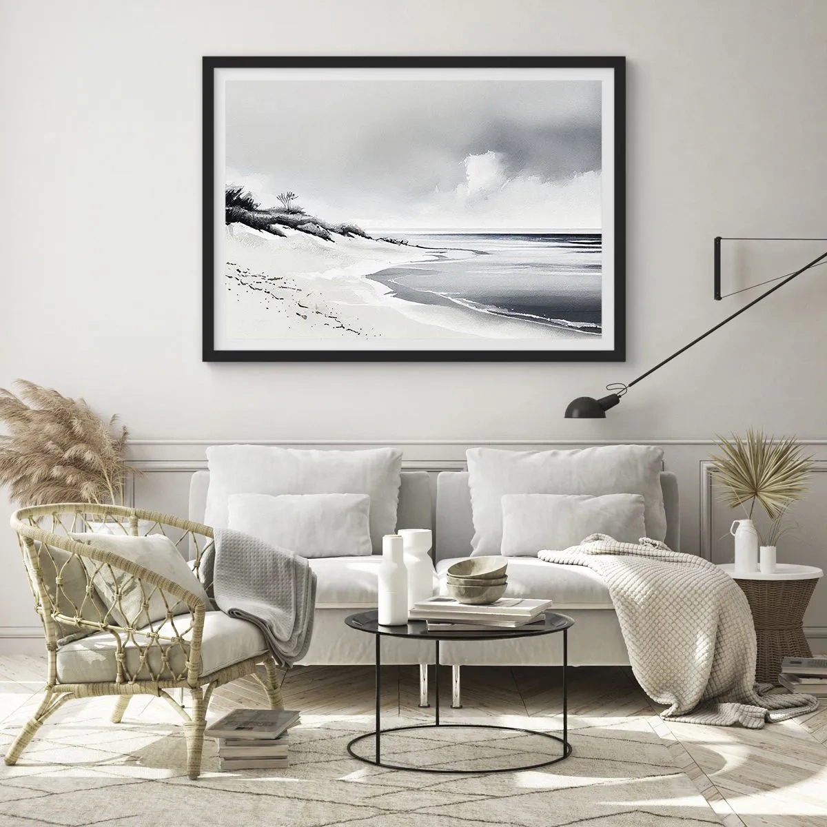 Plakat w czarnej ramie - Plaża w stonowanych odcieniach szarości i błękitu - 70x50cm - Od zawsze razem - Nowoczesna dekoracja ścienna do salonu i sypialni ARTTOR