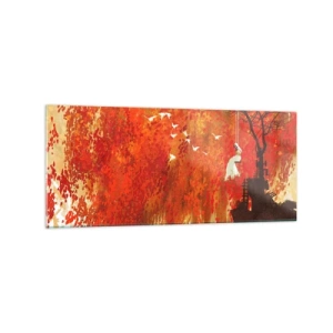 Obraz na szkle - Postać na huśtawce przy drzewie otoczonym czerwonymi liśćmi - 120x50cm - Poleci z nimi? - Nowoczesna dekoracja ścienna do salonu i sypialni ARTTOR