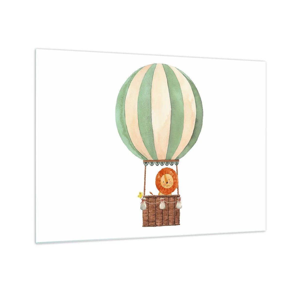 Obraz na szkle - Lew w koszu balonu unoszącym się na białym tle - 70x50cm - Podróże Leona - Nowoczesna dekoracja ścienna do salonu i sypialni ARTTOR