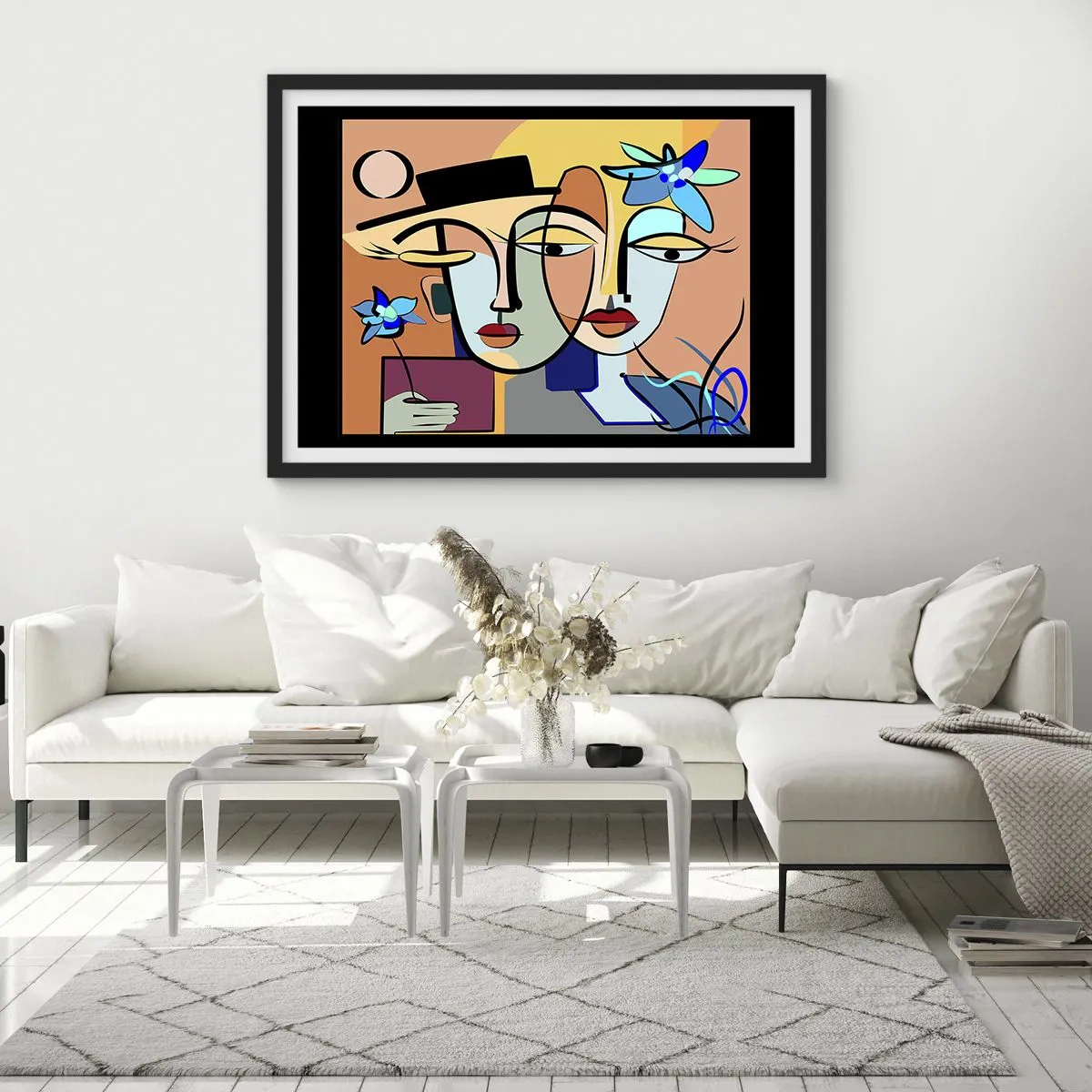Plakat w czarnej ramie - Kubistyczne portrety w żywych kolorach z kwiatowym motywem - 70x50cm - Picassowskie randez vous - Nowoczesna dekoracja ścienna do salonu i sypialni ARTTOR