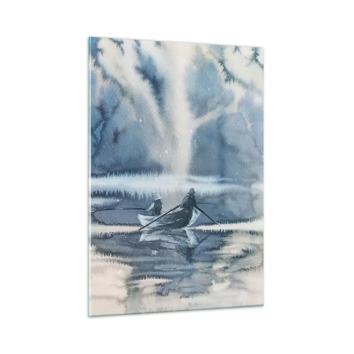 Obraz na szkle - Dwóch wędkarzy na łodzi otoczonej mglistym krajobrazem - 50x70cm - Wędkarze w swoim raju - Nowoczesna dekoracja ścienna do salonu, kuchni i sypialni ARTTOR