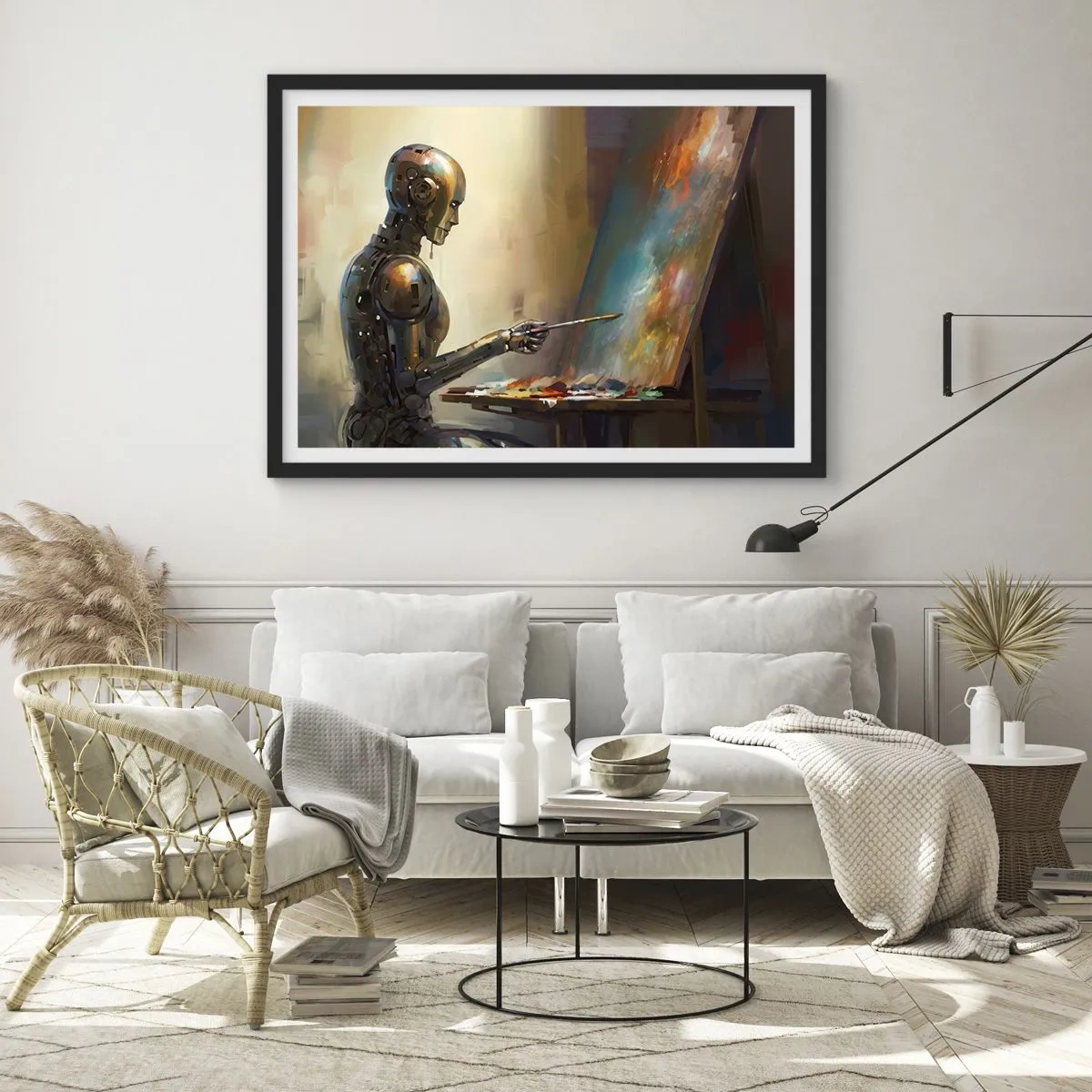 Plakat w czarnej ramie - Robot malujący na płótnie w artystycznym stylu - 70x50cm - Sztuka przyszłości - Nowoczesna dekoracja ścienna do salonu i sypialni ARTTOR