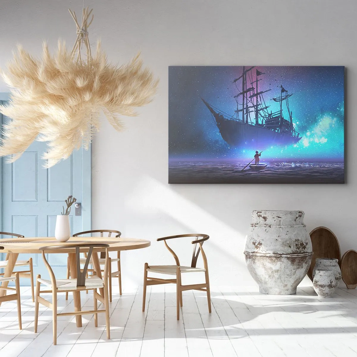 Obraz na płótnie - Fantastyczny statek na tle gwiaździstego nieba - 70x50cm - Spotkanie z mitem morza - Nowoczesna dekoracja ścienna do salonu i sypialni ARTTOR
